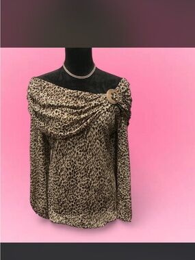 MSK Leopard-Print Off-Shoulder Long Sleeve Top in Tan and Black